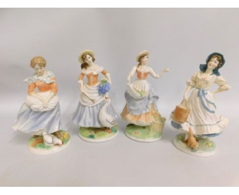 Four limited edition Royal Worcester Old Country Ways porcelain figurines: Farmer's Wife, Goose Girl, Fruit Picking &amp; Mil