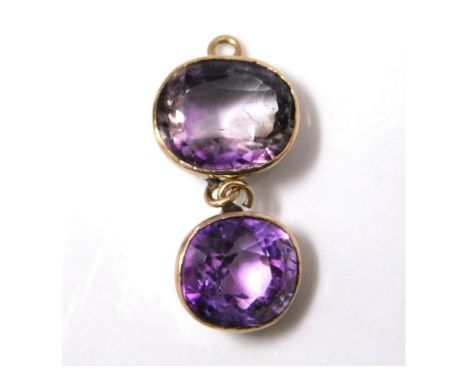 An antique yellow metal amethyst set pendant, tests electronically as 9ct gold, 1.5g, 22mm drop