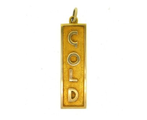 A yellow metal pendant marked GOLD, electronically tests as 9ct gold, 11g, 48mm drop