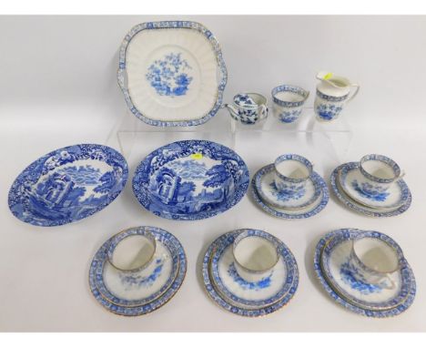 A nineteen piece antique blue &amp; white porcelain tea set twinned with a pair of Copeland Spode Italian pattern bowls 