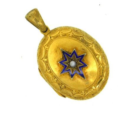 A yellow metal Victorian locket set with enamel &amp; seed pearl, tests electronically as 15ct gold, 4.8g, 26mm x 21.5mm