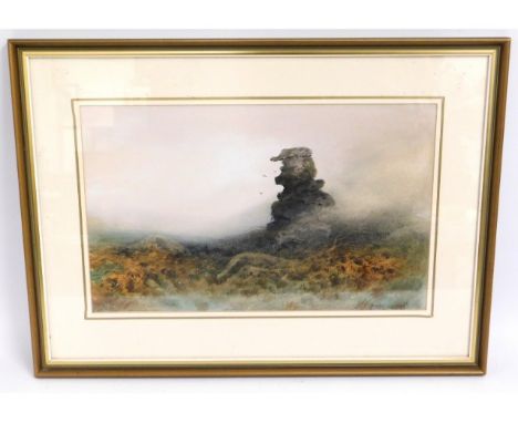 A framed watercolour of Bowerman's Nose, Dartmoor by Rubens Southey, image size 17.5in wide x 10.75in high