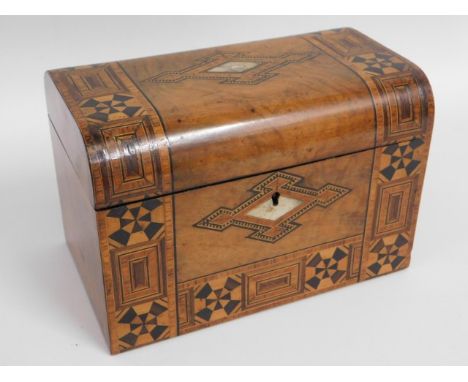 A 19thC. walnut marquetry tea caddy with mother of pearl escutcheon, 8in wide x 5in deep x 5.5in high