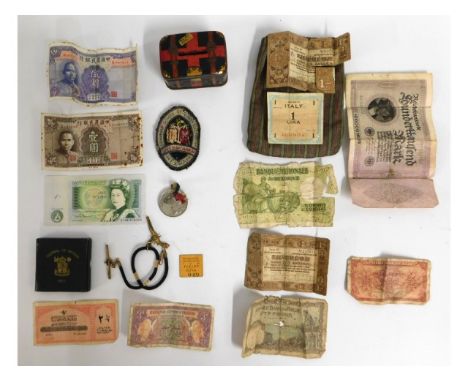 Two Hong Kong Farmers Bank of China bank notes, one &amp; five Yuan, a bank of England one pound note, other bank notes, some
