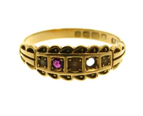 An antique 18ct gold ring set with seed pearl &amp; ruby, one missing, 2.8g, size Q/R