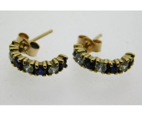 A pair of 9ct gold earrings set with blue &amp; white stones, 1.3g, 12mm drop 