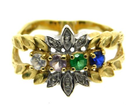 A 10ct gold ring set with four colour stones, 3.5g, size O