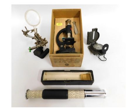 An early/mid 20thC. compass, a small microscope, a magnifying work tool &amp; a Otis King's calculator model 'K'