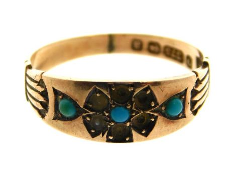 An antique 9ct gold ring set with turquoise &amp; seed pearl, five missing, 2g size N