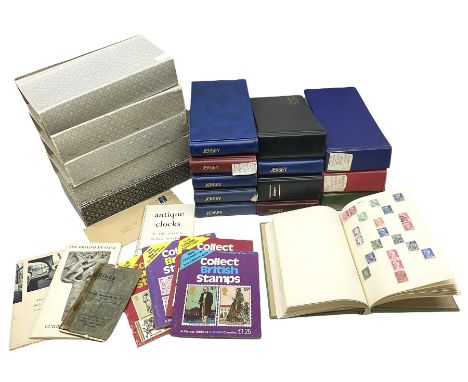 Stamps including Jersey and Alderney first day covers, World stamps, collecting guides etc, housed in albums and folder, in o