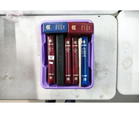 Collection of 7 stamp albums plus loose album covers, includes Roland Hill, QEII, UK  &amp; Commonwealth &amp; First Day Cove