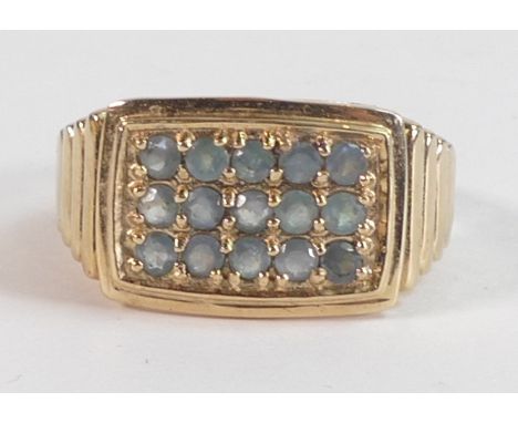 Ladies 9ct gold ring set with single pale blue stones, size T/U,7.7g. 