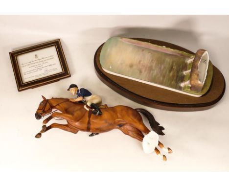 Royal Worcester H.R.H The Princess Anne on Doublet, with wooden base and certificate. In need of repair by fence 