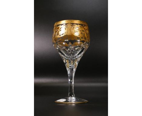 Four De Lamerie Fine Bone China heavily gilded Robert Adam Pattern Red Wine Glass Goblets in presentation boxes , specially m