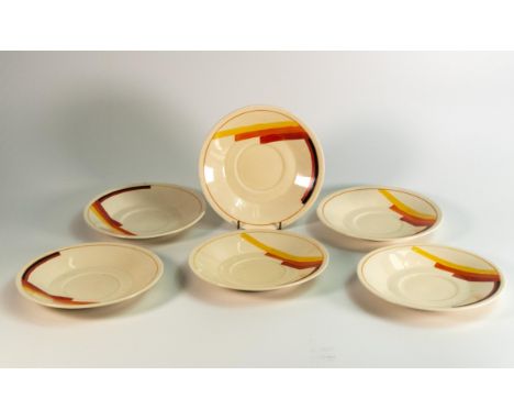 Set of Six Bizarre Clarice Cliff Art Deco Saucers, diameter 17cm(6) 