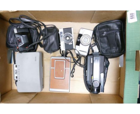 A collection of vintage camera equipment to include Polaroid SX-70 land , Polaroid 320 ,Pentax pc35, Konica C35, Canon Z115 &