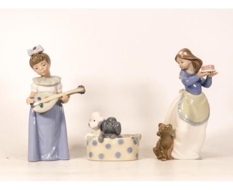 Nao figures to include girl with cake, girl playing banjo and puppies in a basket (3) 