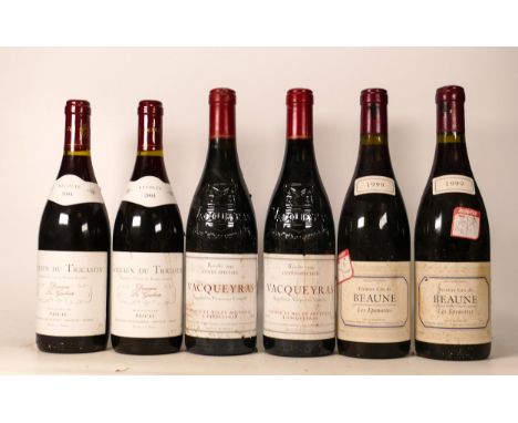 Six Bottles Vintage Red Wine including 2004 Coteau De Tricastein, 1999 Vacqueyras Cuvee Special, 1999  Preier Cru De Beaune(6