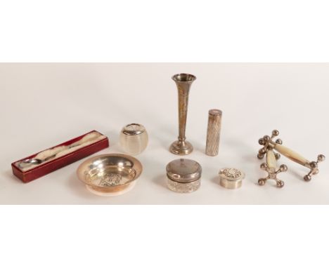 Group of small hallmarked silver &amp; silver mounted items including Mother of Pearl, silver &amp; silver plated knife rests