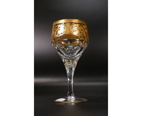 Four De Lamerie Fine Bone China heavily gilded Robert Adam Pattern Red Wine Glass Goblets in presentation boxes , specially m