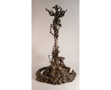 A Very Large Victorian Silverplate Lamp converted from a centrepiece, designed in the form of a tree with Stag and Doe restin