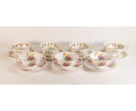 Four Shelley soup bowls and saucers in the Gainsborough shape pattern 13733 together with 3 soup bowls &amp; saucers in the O