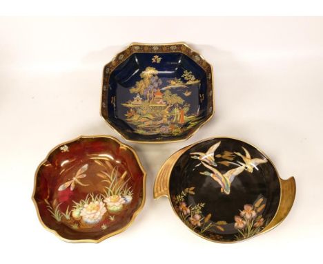 Carltonware Bowls decorated with Wild Birds , Bullrushes &amp; Crown Devon  Mikado pattern similar item(a/F), largest diamete