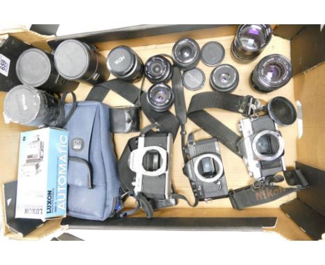 A collection of vintage camera equipment to include Olympus OM-30, Cosina CT-1a &amp; Asahi Pentax Film Camera bodies, Sigma 