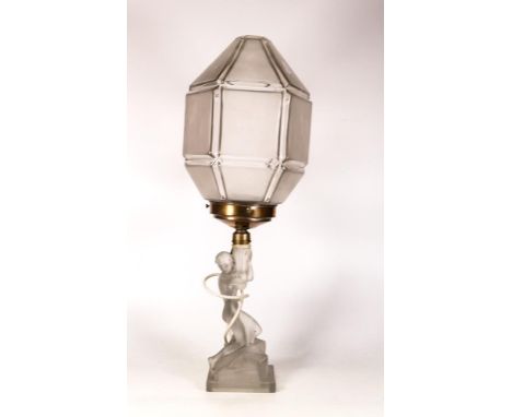 Walter &amp; Sohne, An art deco frosted glass lamp, base moulded as a draped female nude with a geometric hexagonal shade. He