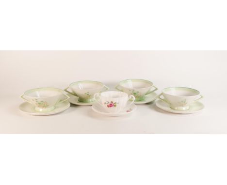 Four Shelley soup bowls and saucers in the Eve shape pattern 12435 together with Ludlow shape soup bowl &amp; saucer ( 10 pie