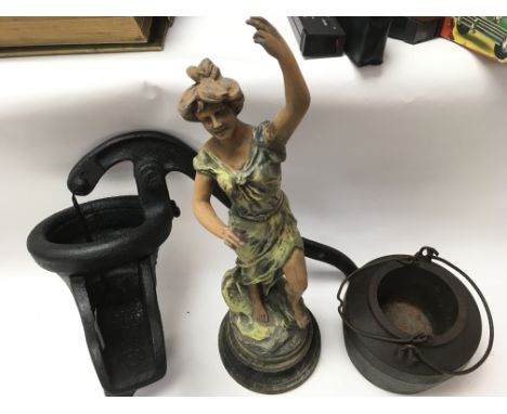 A lot of various items: a cast iron garden pump, a Victorian glue pot, a spelter figure measuring 50cm in height and a quanti