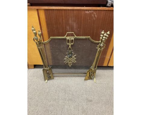 Two sets of Victorian brass fire irons, one pair tongs and a brass and mesh firescreen