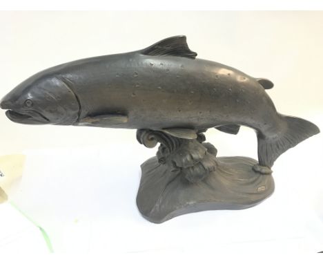 A Cold Cast Bronze Large Leaping Salmon. Signed B.Etton.