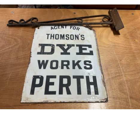 Good vintage double sided enamel sign for “Thomson’s Dye Works Perth” on original hanging bracket and chains