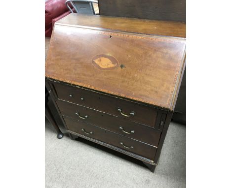 An Edwardian mahogany inlaid bureau's the fall front above three drawers on bracket feet - NO RESERVE