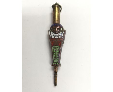 An Egyptian revival miniature propelling pencil pendant with inlaid enamel detailing. Still with the original lead. When exte