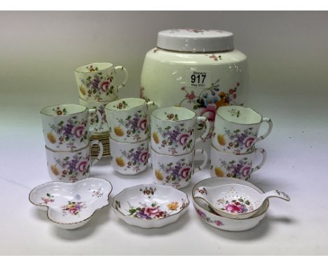 A collection of Crown Derby “Derby Posies” to include large biscuit jar 23cm, 10 cups, 11 saucers, 3 pin trays, tea strainer.