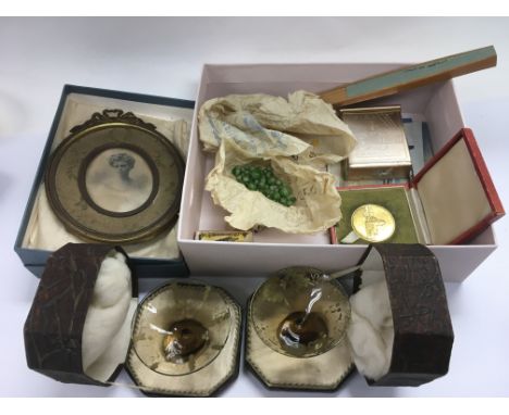 A collection of oddments including amber and jade beads, cigarette case, photo frame etc.