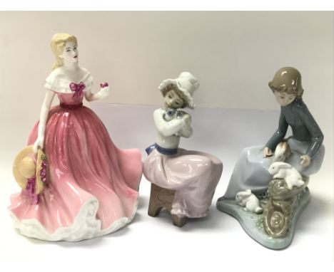 Two Lladro Nao figures and one Royal Doulton figure titled Rosie.