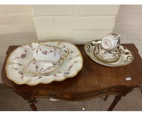 Royal Crown Derby “Royal Antoinette” pattern meat platter, Gravy boat and dish, together with Crown Derby “Majesty’” pattern 