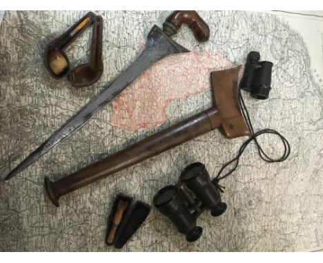 A pair of field glasses together with a meerschaum pipe, map of Western Germany and a steel blade dagger in wooden scabbard