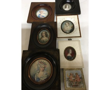 A collection of portrait miniatures and a small signed porcelain plaque (7)