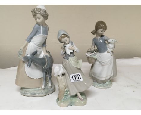 Two Lladro figures and a large Nao figure a girl with a goat some damage. (3)