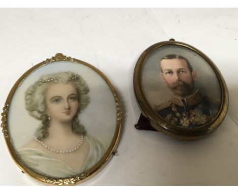 A framed early 20th century miniature portrait painting of a lady wearing pearls and a framed miniature print of the young Ge