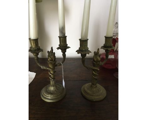 A pair of French late 19th century gilt metal twin branch candelabra.