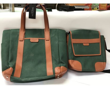 Two green and brown leather Simpson bags. One is a handbag, the other a cross body satchel. Ex sample bags, slight marks.
