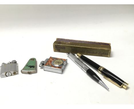 A Robson Petrol lighter with original box, a Gisa lighter with a clock, two other lighters and a fountain pen.