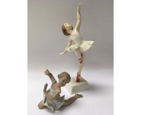 A Worcester figure in the form of a dancing girl, wearing tutu and red shoes, together with a German bisque figure of a dance