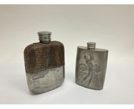 Vintage sprit pocket flask in pewter and snakeskin cover and a pewter spirt flask with embossed figure of a golfer