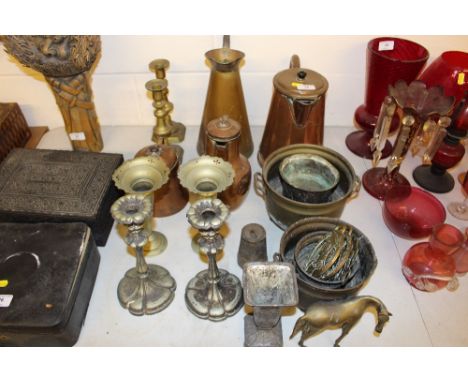 A quantity of various metalware to include copper jugs; a pair of brass candlestick; silver plated candlesticks; horse brasse